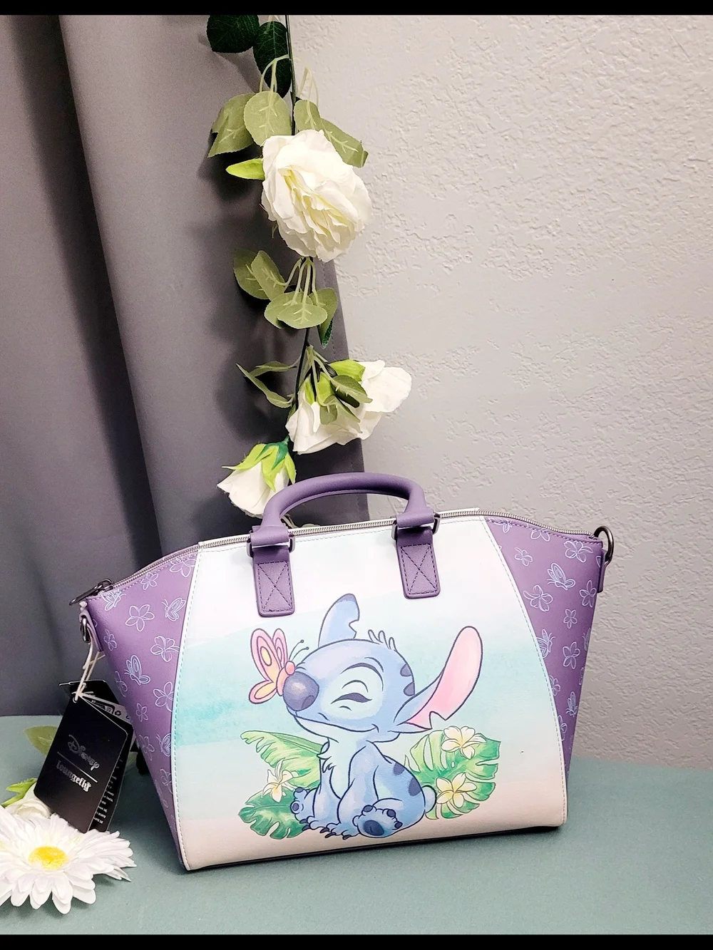 Disney Purple Stitch Floral Print Tote Bag with Pastel Front Art